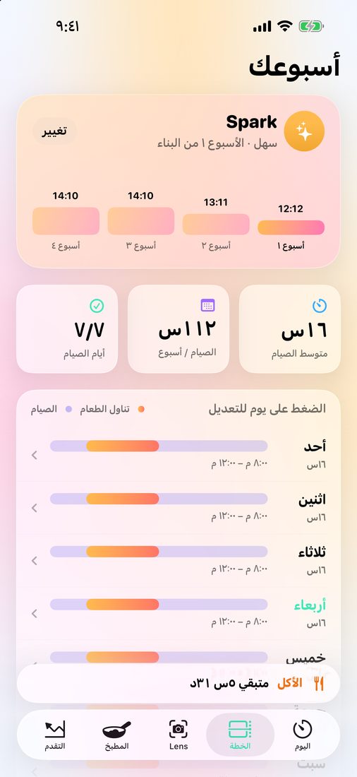 أسبوعك: خطة Spark مع فترة الأكل لكل يوم