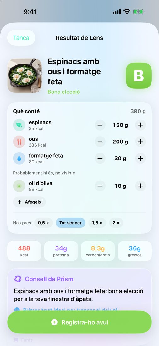 Resultat de Lens per a una shakshuka verda: la nota, els ingredients amb les racions i la informació nutricional