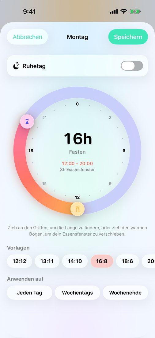 Montag auf dem 24-Stunden-Zifferblatt bearbeiten: Fasten- und Essenszeiten