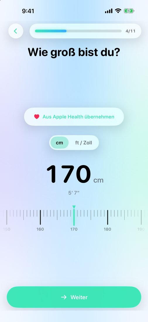 Der Größenregler in der Einrichtung von LeanFast