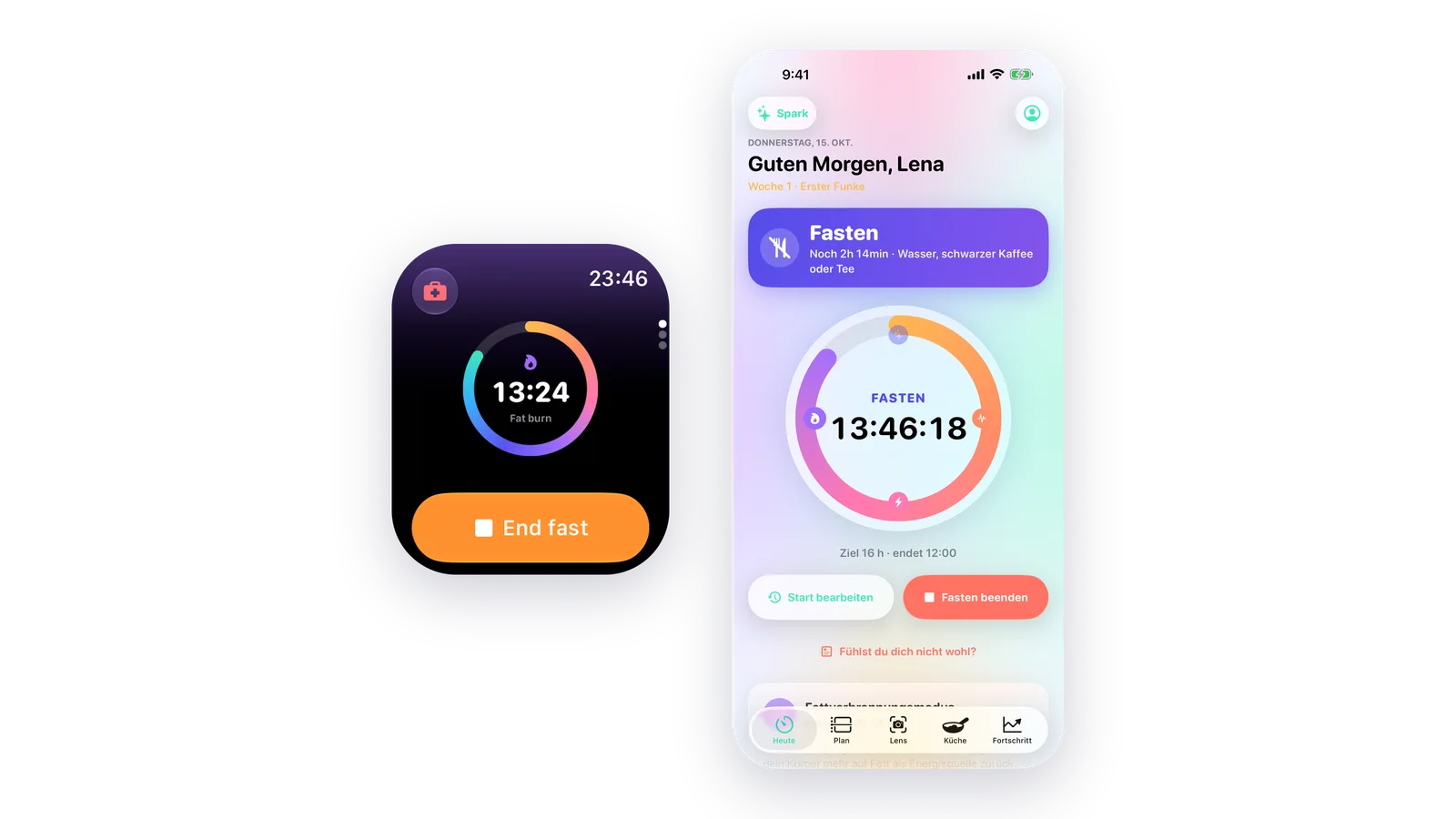 LeanFast auf Apple Watch und iPhone: ein laufendes Fasten auf der Uhr, daneben „Heute“ auf dem iPhone