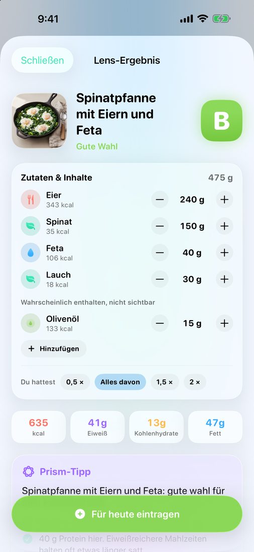 Lens-Ergebnis für eine grüne Shakshuka: Note, Zutaten mit Portionen und Nährwerte