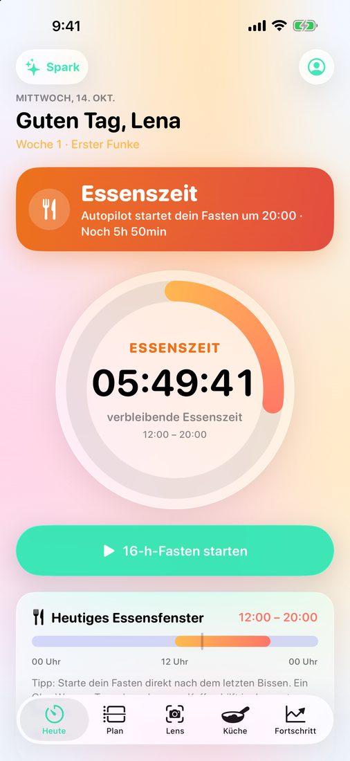 Heute-Bildschirm während der Essenszeit: Der Ring zählt die verbleibende Essenszeit herunter, und Autopilot startet das nächste Fasten