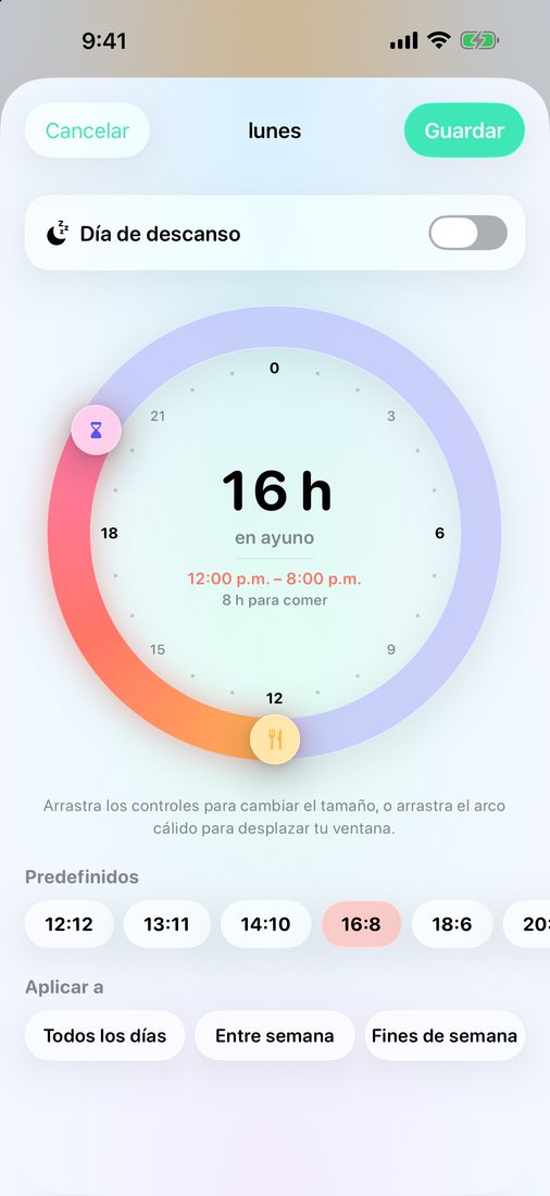 Editando el lunes en el dial de 24 horas: horas de ayuno y de comida