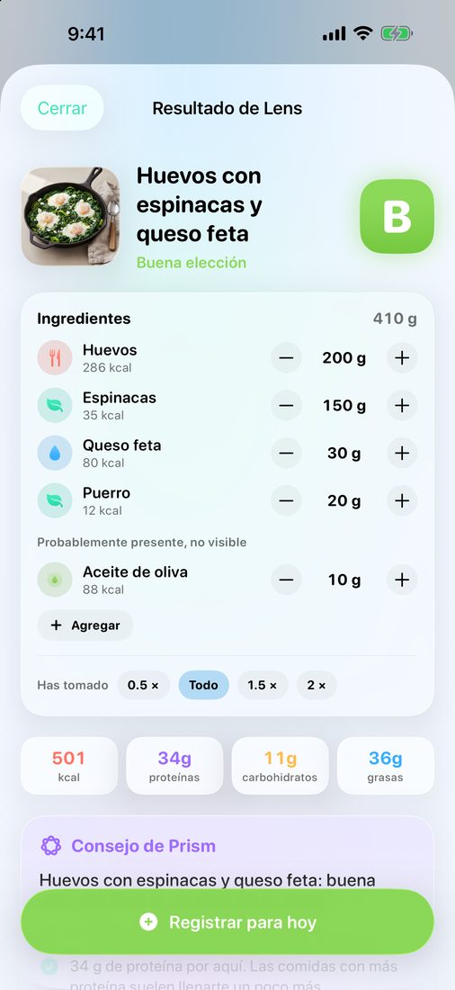 Resultado de Lens para unos huevos con espinacas y queso feta: calificación B, 501 kcal, con cada ingrediente y su porción