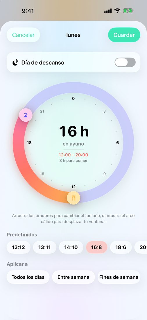 Editando el lunes en el dial de 24 horas: horas de ayuno y de comidas