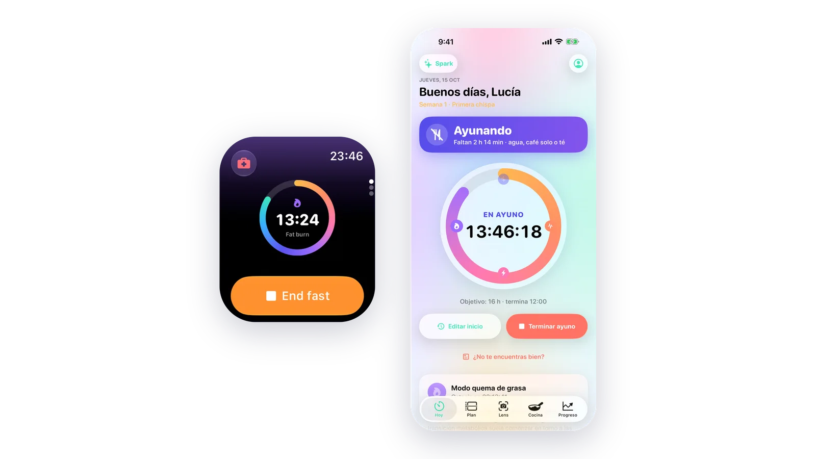 LeanFast en Apple Watch y iPhone: un ayuno en el reloj, junto a la pantalla Hoy en el iPhone