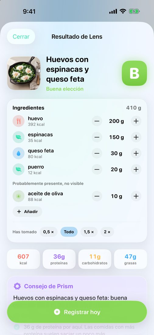 Resultado de Lens para una shakshuka verde: su nota, los ingredientes con sus raciones y la información nutricional