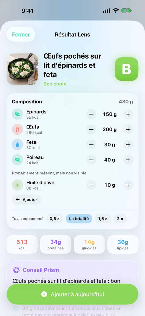 Résultat Lens pour une shakshuka verte : son score, les ingrédients avec leurs portions et les valeurs nutritionnelles