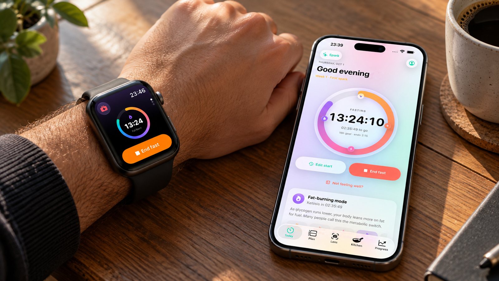 An Apple Watch on a wrist showing a fast at 13:24 in fat-burning mode, next to an iPhone showing the same fast on the Today screen