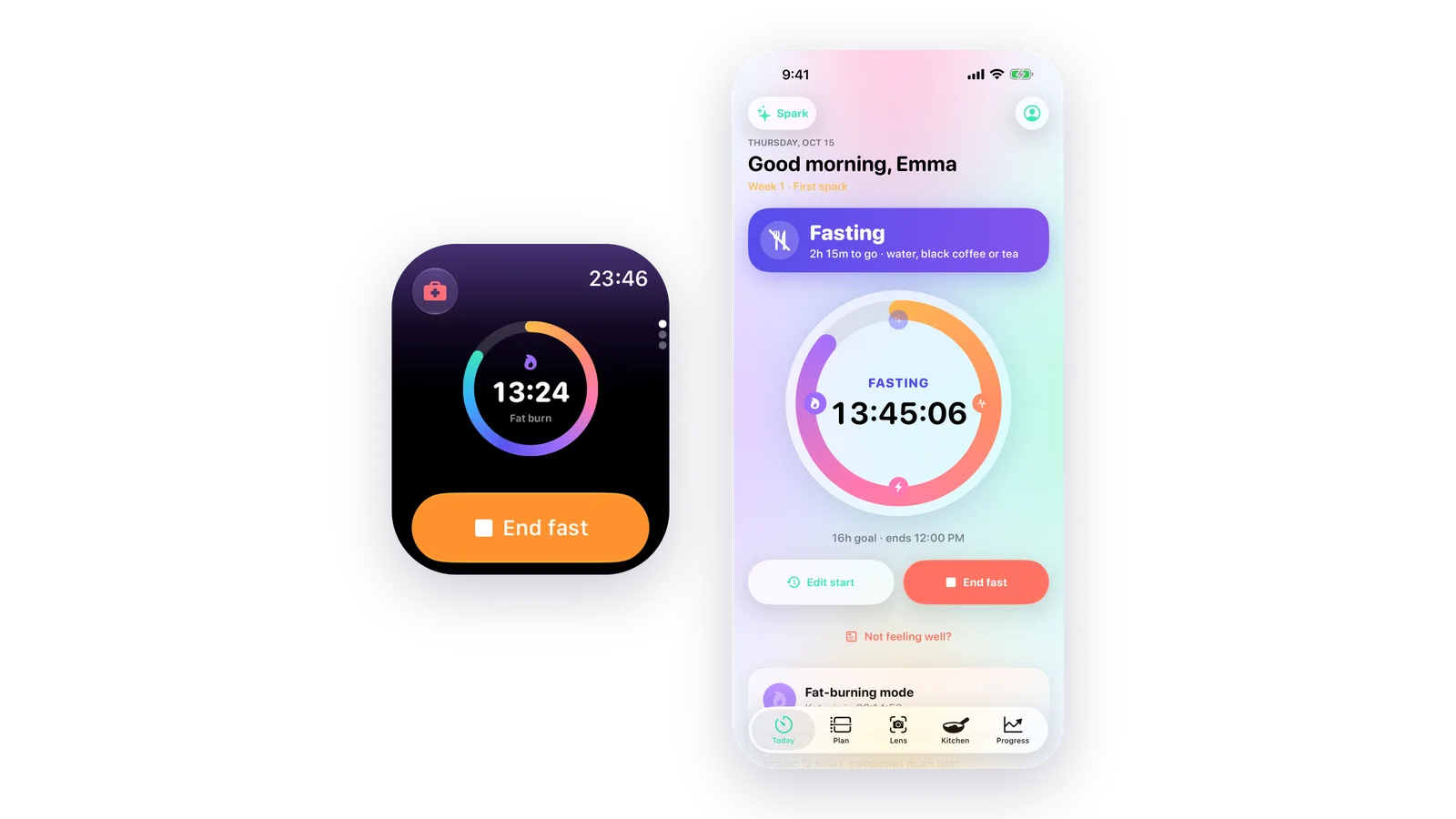LeanFast on Apple Watch and iPhone: a fast on the watch, next to the Today screen on the phone