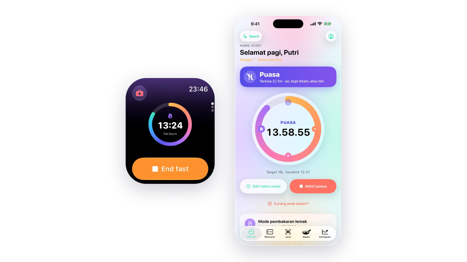 LeanFast di Apple Watch dan iPhone: puasa yang sedang berjalan di jam tangan, di samping layar Hari Ini di iPhone