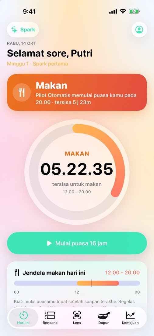 Layar Hari Ini saat waktu makan: cincin menghitung mundur sisa waktu untuk makan, dan Puasa Otomatis memulai puasa berikutnya