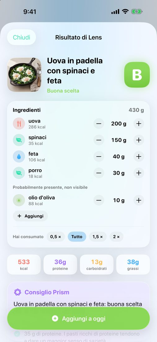 Risultato di Lens per una shakshuka verde: il voto, gli ingredienti con le porzioni e i valori nutrizionali