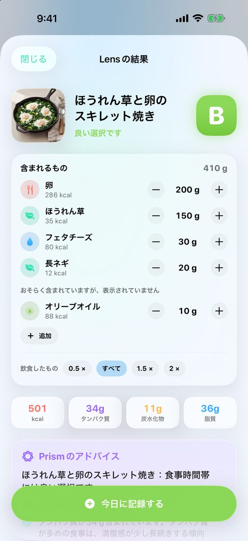 グリーンシャクシュカのLensの結果：グレード、分量つきの材料、栄養成分