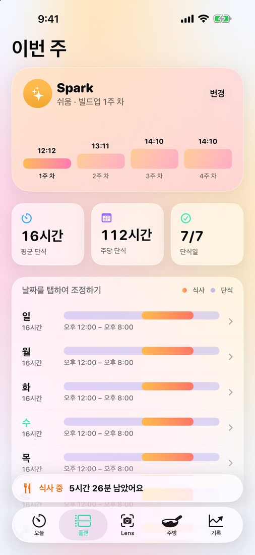 나의 한 주: 요일별 식사 시간대가 표시된 Spark 플랜
