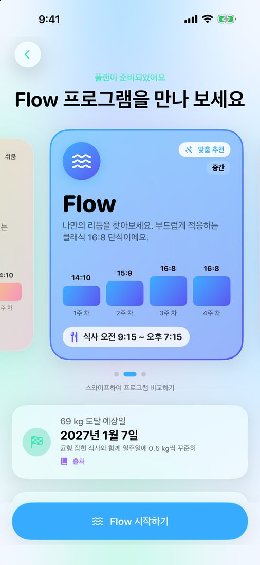 플랜 공개 화면: LeanFast가 골라 준 플랜과 첫 몇 주, 식사 시간대