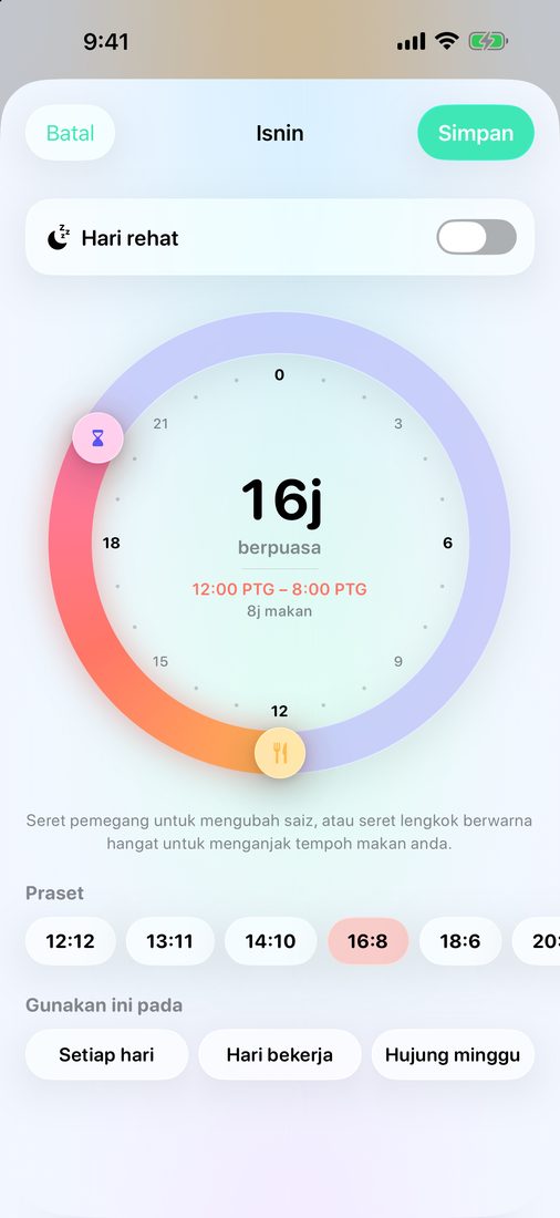 Mengedit hari Isnin pada dail 24 jam: waktu berpuasa dan waktu makan