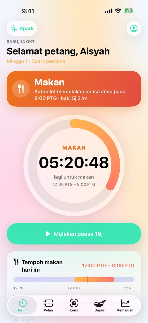 Skrin Hari Ini semasa makan: gelang mengira detik sehingga tempoh makan tamat, dan Autopilot memulakan puasa seterusnya