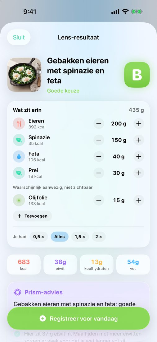 Lens-resultaat voor een groene shakshuka: de score, de ingrediënten met porties en de voedingswaarden