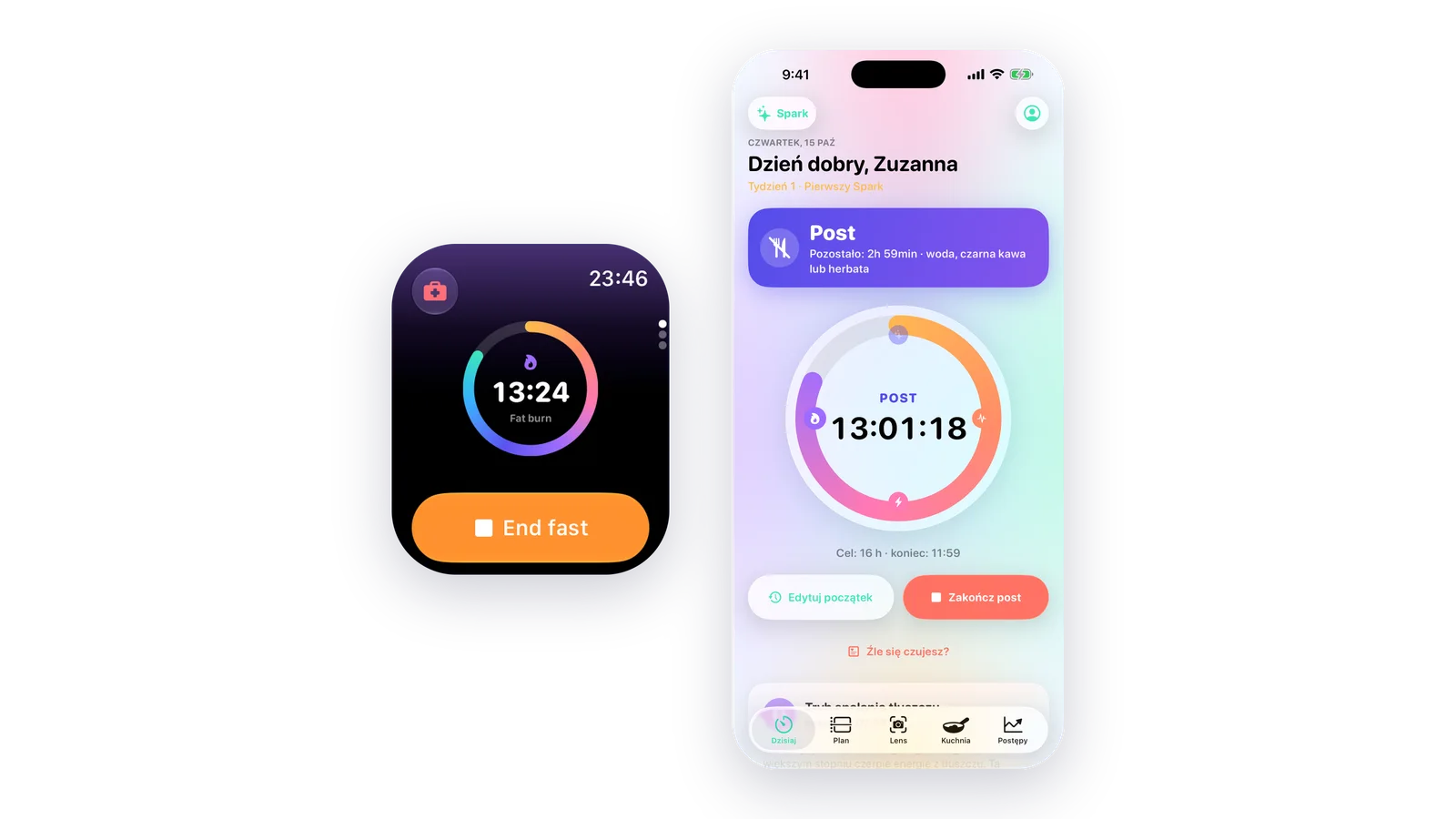 LeanFast na Apple Watch i iPhonie: trwający post na zegarku obok ekranu „Dzisiaj” na iPhonie
