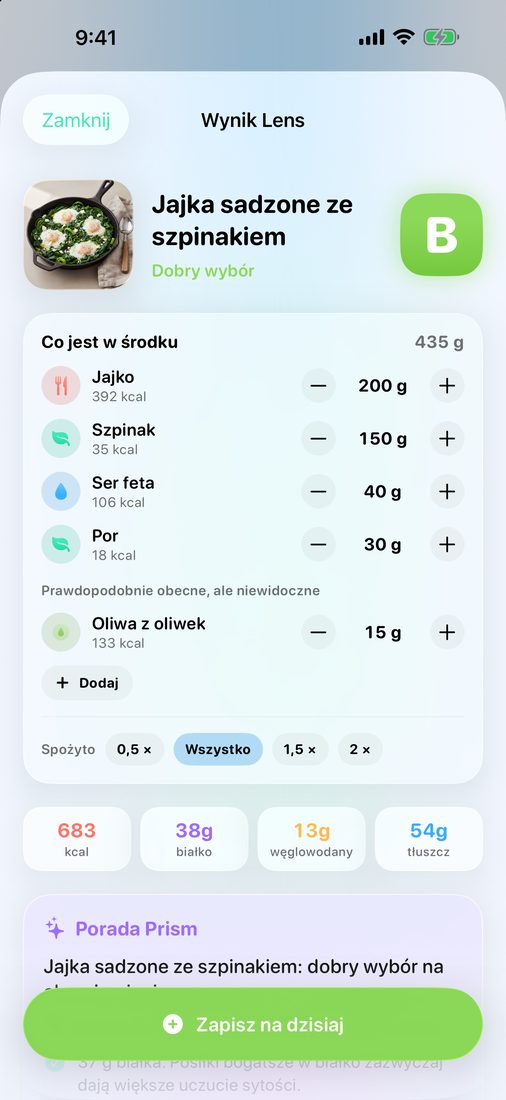 Wynik Lens dla zielonej szakszuki: ocena, składniki z porcjami i wartości odżywcze