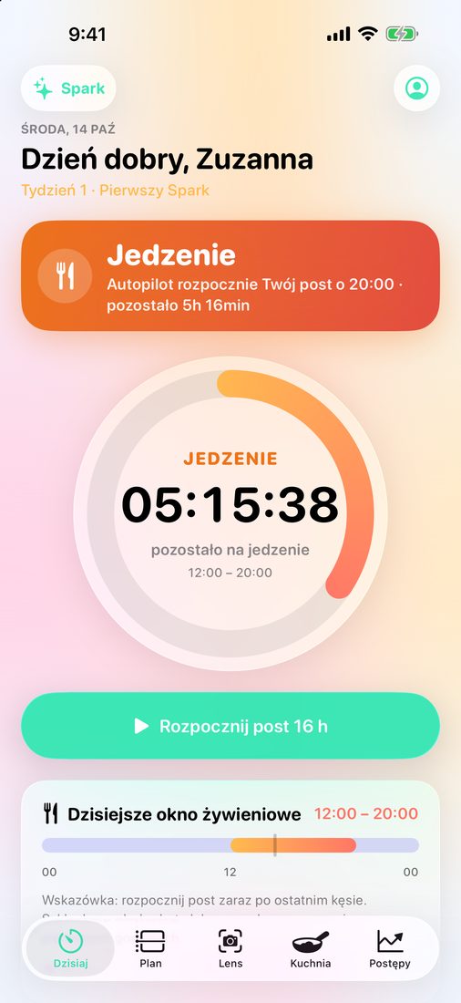 Ekran Dzisiaj w czasie jedzenia: pierścień odlicza czas pozostały na jedzenie, a Autopilot rozpoczyna następny post