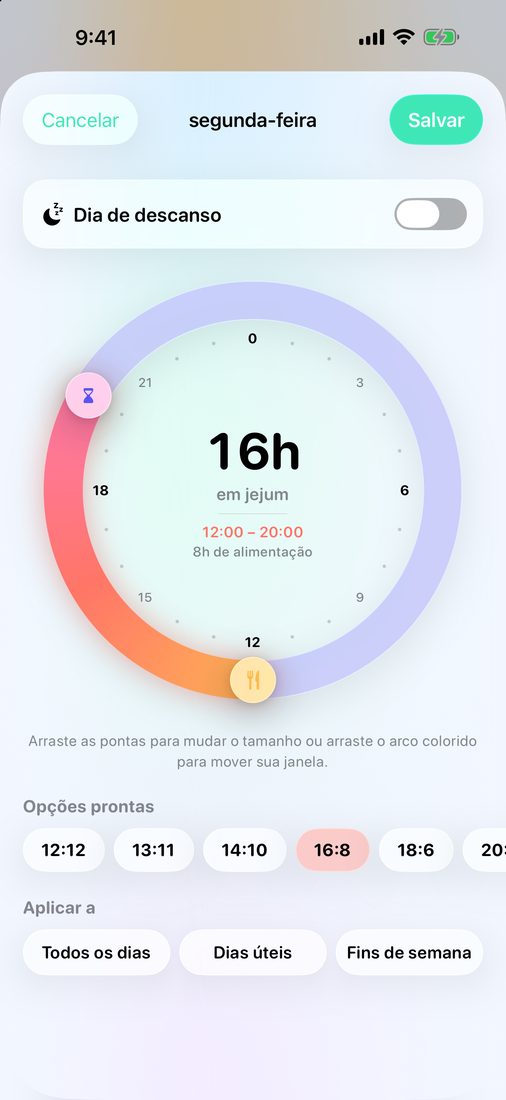 Editando a segunda-feira no mostrador de 24 horas: horas de jejum e de alimentação