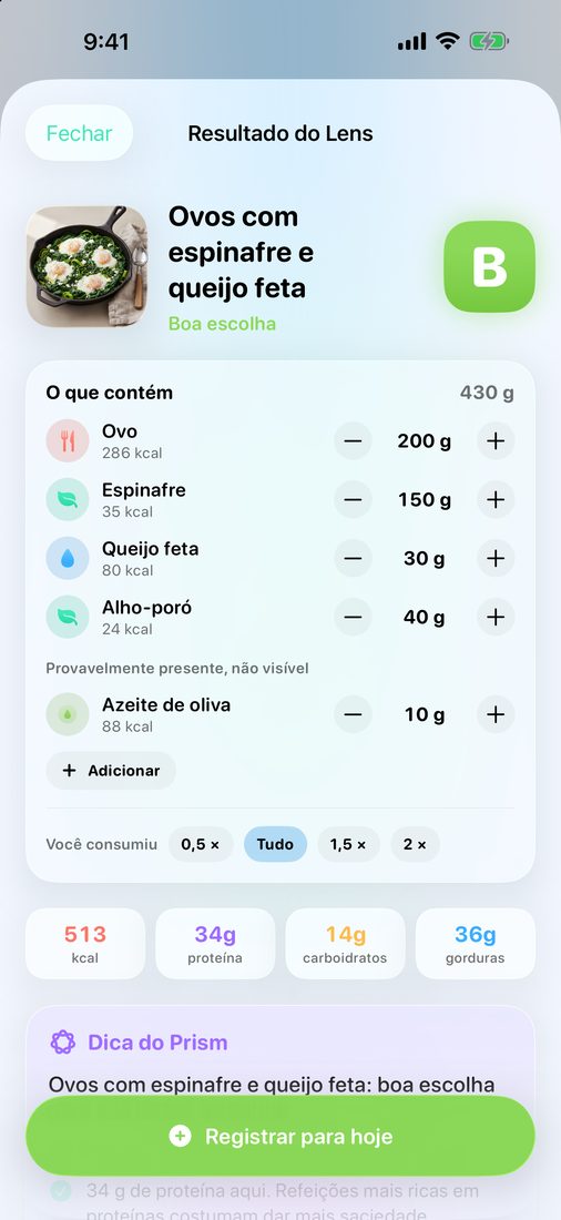 Resultado do Lens para uma shakshuka verde: a nota, os ingredientes com as porções e as informações nutricionais