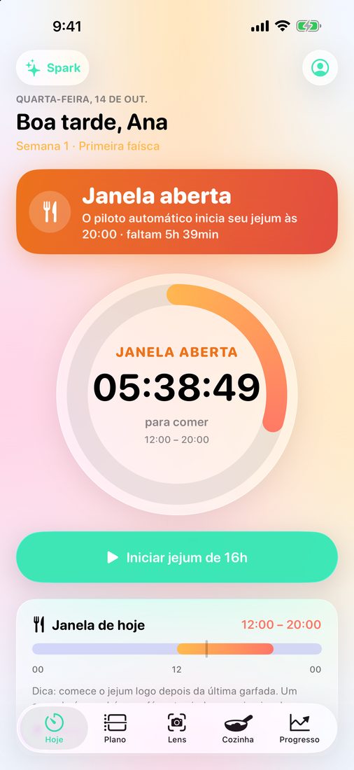 Tela Hoje com a janela aberta: o círculo faz a contagem regressiva do tempo que resta para comer, e o Piloto automático inicia o próximo jejum