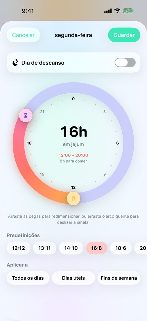 A editar a segunda-feira no mostrador de 24 horas: horas de jejum e de refeições