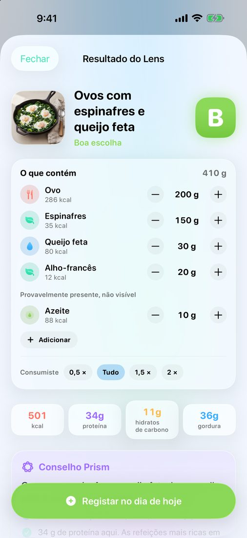 Resultado do Lens para uma shakshuka verde: a nota, os ingredientes com as porções e a informação nutricional