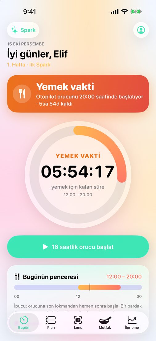 Yemek vaktinde Bugün ekranı: halka yemek için kalan süreyi geri sayıyor, Otopilot da bir sonraki orucu başlatıyor