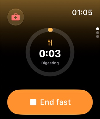 Apple Watch: fasting ring showing the Digesting stage and an End fast button