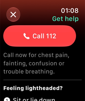 Apple Watch: Get help screen with a Call 112 button